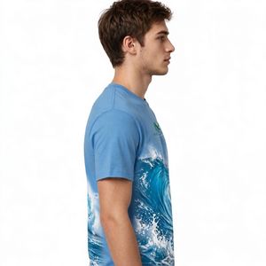 NEXTEX เสื้อยืดลายคลื่นทะเลสำหรับทุกเพศ สีฟ้า เสื้อยืดคอกลมผ้าฝ้ายเนื้อนุ่มลำลอง - Product Image 2