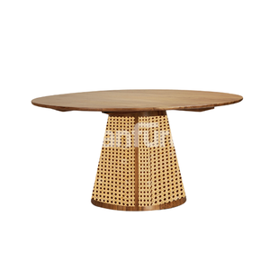 Mesa de Comedor Redonda Salasa con Tapa de Madera Natural y Base de Pedestal de Ratán Tejido - Product Image 3