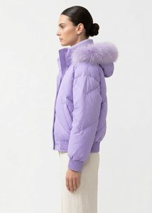 Chaqueta Acolchada de Invierno para Mujer, Color Lavanda, con Capucha con Detalles de Piel, Cierre de Cremallera, Relleno de Algodón, Color Sólido, Impermeable - Product Image 4