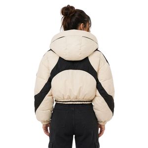 Veste matelassée courte pour femme, à blocs de couleur, à manches longues, à capuche, en polyester, chaude, style doudoune - Product Image 2