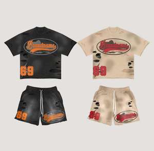 Shorts Sets Men's Cross Pockets Mid Waistband Long <b>String</b> Distress Shorts & O-Neck Loose Fit <b>T</b>-Shirts Private Label <b>t</b>-Shirts Set - Product Image 6
