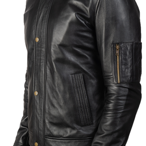 Chaqueta de Motociclista de Cuero Genuino Negro para Hombre, Cuello Alto, Cierre de Cremallera, Corte Ajustado, Manga Regular, Color Sólido, para Otoño - Product Image 5