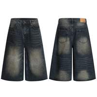 Shorts en jean délavé foncé coupe droite pour homme, style streetwear, ajustement régulier, broderie personnalisée, solutions de marquage sur mesure