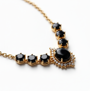 Black Onyx Pendant Necklace, 16 Inch Round with CZ, 925 Sterling <b>Silver</b>, 18K Gold Plated <b>Wedding</b> Party Wear Necklace - Product Image 5