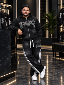 Ensemble de survêtement personnalisé pour homme, style streetwear, avec sweat à capuche zippé effet délavé soleil et pantalon de survêtement délavé à strass, coupe oversize, deux pièces, marque privée - Product Image 4