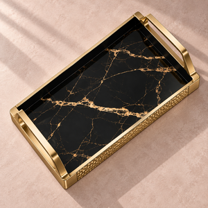 Decorative Iron Serving Tray | Black Gold <b>Marble</b> <b>Effect</b> Rectangular Platter with Handles for Dining <b>Coffee</b> <b>Table</b> Home Decor Gift - Product Image 4
