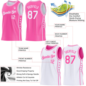 Uniforme de Baloncesto Reversible 7V7 para Niños, Conjunto de Jersey sin Mangas con Cuello en V, Diseño de Puntos Rosa y Blanco, Personalizable para Equipos, Transpirable - Product Image 3