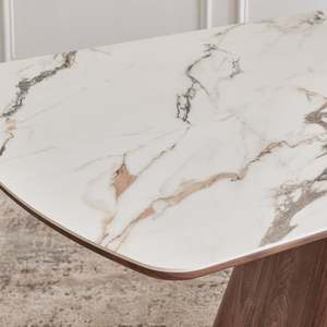 Modern Rectangle Sintered <b>Stone</b> <b>Top</b> Eco-Friendly Durable Handmade Dining <b>Table</b> Conical Wood Base Stable Home Furniture 6 Seater - Product Image 5