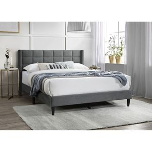 Elegante Letto Moderno Grigio Queen Size con Testiera Imbottita e Design a Cassone, in Lino Spazzolato - Product Image 1