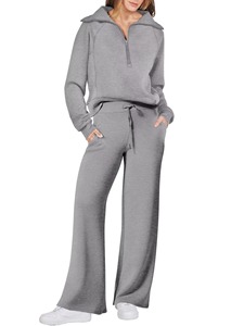 Women Black Quarter-<b>Zip</b> <b>Hooded</b> Tracksuit Set Full Sleeve Solid Color Casual Sweatpants With Drawstring Loose Fit Autumn Wear - Product Image 5