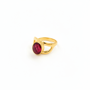 Bague en pierre précieuse ovale rose fuchsia créée en laboratoire - Plaqué or fait main, style bohème géométrique 8x10mm, rose vif audacieux, féminin, pour usage quotidien - Product Image 2