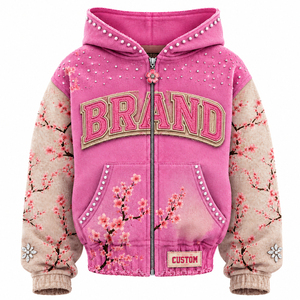 Sweat-shirt surdimensionné rose personnalisé avec fermeture éclair, motif floral de cerisier japonais, manches ornées de strass, style streetwear vintage - Product Image 1