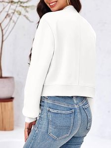 Chaqueta Bomber Blanca para Mujer, Color Sólido, Manga Larga, Cierre de Botones, Prenda Exterior Informal, Diseño Corto con Bolsillos de Parche - Product Image 5