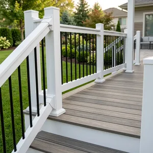Rampe de terrasse moderne blanche avec balustres en métal noir, main courante d'extérieur durable pour porche, balcon et entrée de maison - Product Image 6