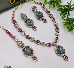 Parure de bijoux de mariage pour femme en laiton plaqué argent, zircon ethnique certifié de haute qualité, avec collier, boucles d'oreilles et bague à perles géométriques - Product Image 2