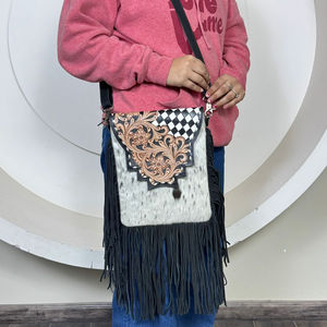 Western Handmade Tooled Leather Checkerboard Design Hair On Cowhide Fringe Crossbody <b>Handbag</b> Boho Shoulder Bag Purse for Women's - Product Image 4
