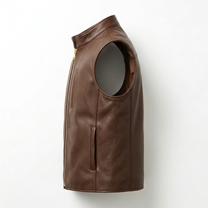 Men's Brown Genuine Leather <b>Biker</b> Vest Stand Collar Zipper <b>Waistcoat</b> - Product Image 4