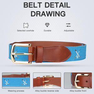 Ceinture de golf décontractée pour hommes en cuir véritable marron avec sangle en toile à boucle ardillon et motif brodé à l'aiguille, qualité supérieure - Product Image 3