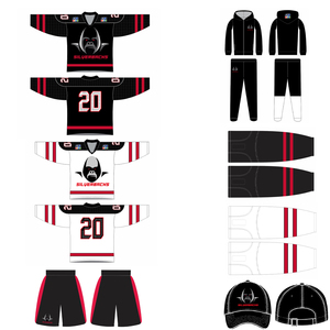 Ensemble uniforme de hockey sur glace sublimé Silverbacks : Maillot à col en V, numéros d'équipe, sweat à capuche, pantalon et casquette – Noir, Blanc, Rouge - Product Image 1