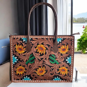 Sac fourre-tout en cuir travaillé peint à la main pour femmes |   Sac à main en cuir véritable Western Floral Sunflower - Product Image 1
