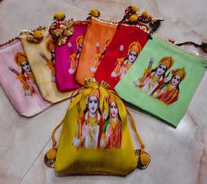 Sri Ram Ji and Sita Mata Printed Satin Potli Bags Multi Color Festive Return Gift <b>Pouches</b> Ethnic <b>Drawstring</b> Favor Bags - Product Image 3