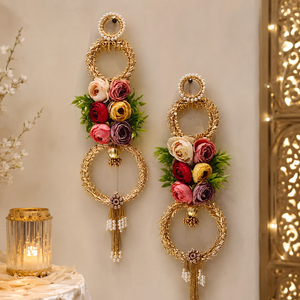 Golden Floral Wall Hanging Pair Pearl Ring Rose Door Toran Wedding Festival Home <b>Mandir</b> Decor Gift Item - Product Image 1