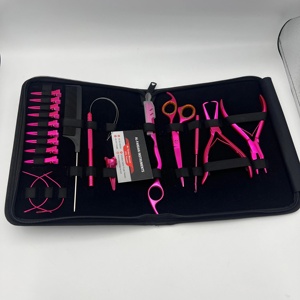 Metallic Pink Color Stainless Steel Custom Logo Hair Extension Pliers Tools Kit Comb Scissors Razor Loop <b>Hook</b> Sectioning <b>Clips</b> - Product Image 1