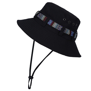 Black Canvas Bucket <b>Hat</b> With Colorful Striped Embroidery Adjustable Strap Unisex Outdoor Spring Summer Casual Style - Product Image 1