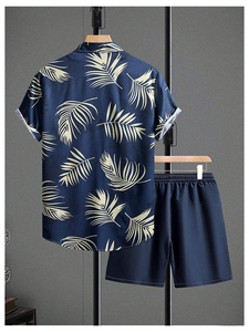 Mens Tropical <b>Leaf</b> Print Summer Two Piece Set Short Sleeve Button Shirt And Elastic Waist Shorts Lightweight Beach Outfit - Product Image 6