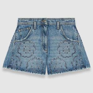 Shorts de mezclilla de cintura alta con cuentas y dobladillo deshilachado, estilo casual de verano, shorts de algodón lavado vintage de pierna recta para mujer - Product Image 5