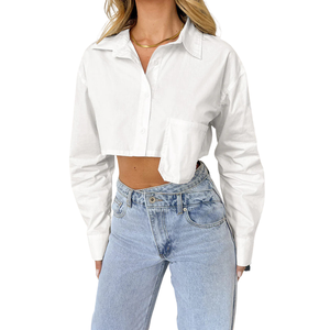 Chemise courte pour femme, haut décontracté à manches longues, manches froncées, chemisier boutonné en mousseline de soie, 100% coton respirant, OEM ODM en gros - Product Image 1