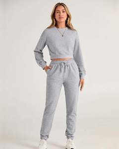 New Arrival Sports Tracksuit Jogging for Women Custom Tracksuits Set 100% Cotton Fleece 2 Piece Women <b>crop</b> <b>top</b> Tracksuit Set - Product Image 3