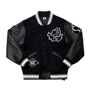 Wholesale Custom Men's Varsity <b>Jackets</b> Heavyweight Wool Body <b>Leather</b> Sleeves Stand Embroidered Front Loose Fit <b>Long</b> <b>Jacket</b> - Product Image 1