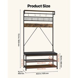 Porte-manteau autoportant 72 pouces avec banc à chaussures, organisateur de rangement à 2 niveaux, crochets muraux, tringle de suspension et étagère en fil métallique - Product Image 5