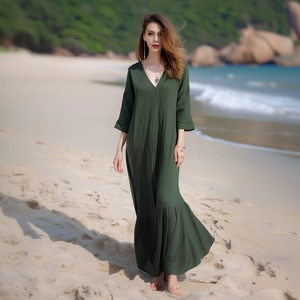 Vestido Maxi de Lino y Algodón Suave para Mujer, con Mangas 3/4, Dobladillo con Volantes y Bolsillos Laterales, Corte Holgado, Talla Grande, Informal, para Todas las Temporadas - Product Image 2