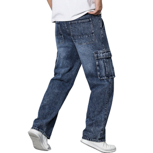 Pantalon cargo en jean bleu pour homme, taille mi-haute, coupe ample, délavage enzymatique, multi-poches, décontracté, respirant, séchage rapide - Product Image 2