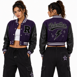Chaqueta Varsity Corta para Mujer OEM, Cuerpo de Lana, Mangas de Cuero Premium, con Parches de Chenilla Personalizados, Venta al Por Mayor, Marca Privada, Pedidos al Por Mayor - Product Image 5