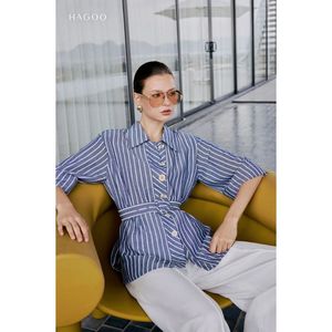 Chemise en lin rayée élégante pour femme, coupe ample, manches larges, ceinture, effet délavé, respirante, légère, pour le bureau, le quotidien, les vacances, le printemps A8133 - Product Image 5
