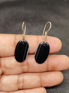 Pendientes Colgantes de Plata de Ley 925 con Ágata Negra Banda Negra en Forma Ovalada, Joyería Hecha a Mano, Casa De Plata - Product Image 1
