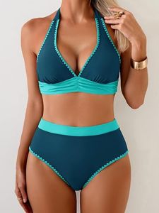 Traje de baño de dos piezas para mujer al por mayor, bikini push-up con cuello halter y cuello en V, conjunto de bikini de cintura alta con control de abdomen, traje de baño de verano para playa - Product Image 5