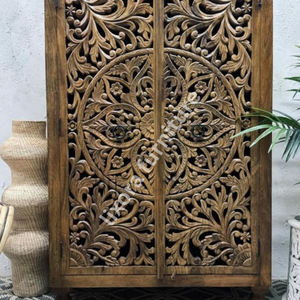 Luxury Handcrafted Solid Wood 2 Door <b>Wardrobe</b> Ornate Leaf Mandala Carving Natural Walnut Armoire - Product Image 2