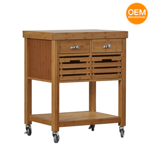 Vente en gros Chariot îlot de cuisine en bambou massif et en acier inoxydable avec tiroirs de rangement et roulettes - Product Image 1