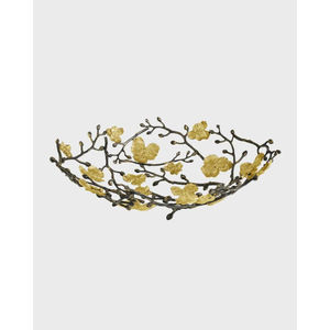 Tazón de lujo para servir alimentos, hecho de metal de calidad superior, con flores chapadas en oro de alta calidad y capullos con recubrimiento en polvo de color negro. - Product Image 1
