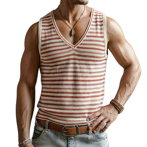 Débardeur Homme Personnalisé Col V Rayé Coupe Slim Sans Manches pour Entraînement Musculation Été Décontracté Plage Vente en Gros - Product Image 2