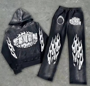 Custom High Quality <b>Lightweight</b> Distressed Flare Sweatsuit Acid Wash Hoodie Sweatpants Set Vintage Stacked Flare Pant - Product Image 1