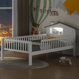 Letto a piattaforma in legno bianco per bambini, misura twin, con testiera a LED a forma di casetta e contenitore integrato - Product Image 3