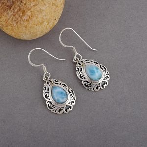 2026 New <b>Solid</b> 925 Sterling <b>Silver</b> Fine Drop <b>Earrings</b> With Tear Drop Natural Larimar Stone Bezel Setting Vintage Style For Women - Product Image 1