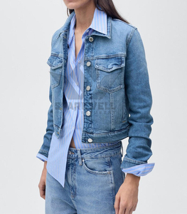 Women's Mid Blue <b>Cropped</b> <b>Denim</b> <b>Jacket</b> Button Closure Turn-Down Collar Long Sleeve Regular Fit Casual Jean <b>Jacket</b> - Product Image 5