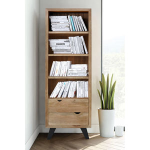 Bibliothèque en bois de manguier massif au design moderne avec 3 niveaux de rangement, 2 tiroirs, écologique et peu encombrante pour chambre, villa, bureau - Product Image 1