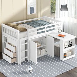 Letto a soppalco singolo in legno di gomma resistente con armadio contenitore e scrivania estraibile, dotato di ringhiera di sicurezza, ideale per ville o palestre - Product Image 1